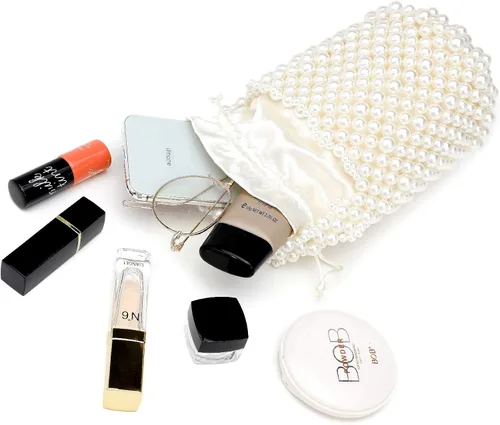 Miniatura 4 de SharPlus White Beaded Pearl Bucket Handbag for Women, Small Tube Clutch Purse Evening Bag for Bridal, Wedding, Party