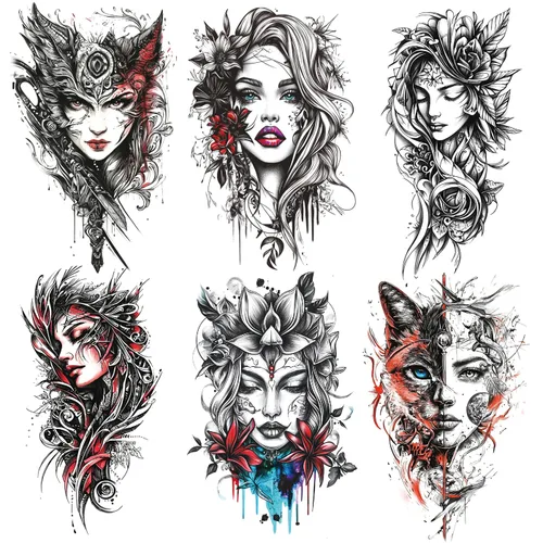 Miniatura 11 de 6 hojas de brazo falso impermeable cuerpo arte temporal tatuajes pegatinas negro japonés geisha samurai mujeres flor loto TBS-04