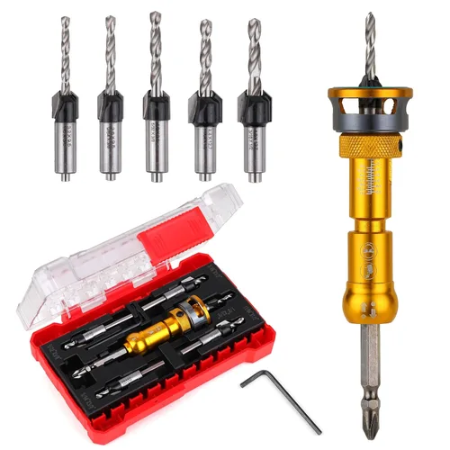 Juego de brocas avellanadoras con tope de profundidad (1/8", 9/64", 5/32", 3/8", 1/2"), vástago hexagonal de cambio rápido avellanador con broca
