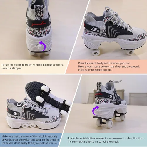 Miniatura 5 de Zapatos de patinaje para mujer, cuatro rondas, zapatos de patines de ruedas para niños que se convierten en patines de ruedas, zapatos ligeros al