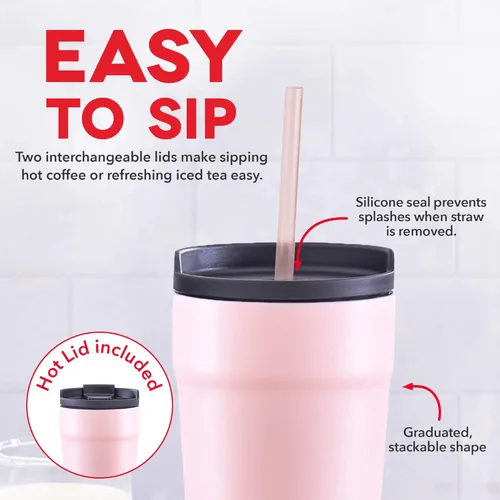 Miniatura 2 de DASH Vaso de 20 onzas con tapa a prueba de derrames y popote, vaso de café aislado al vacío de acero inoxidable, taza de viaje con recubrimiento