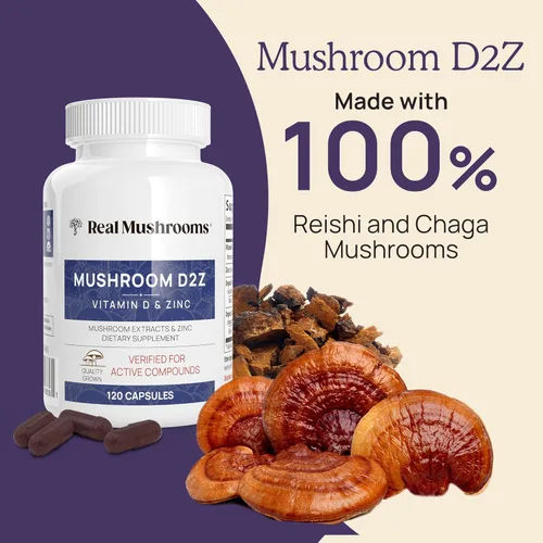 Miniatura 3 de Real Mushrooms Cápsulas de zinc y vitamina D2, con extractos orgánicos de hongos Chaga y Reishi, vitaminas para apoyo general del bienestar, vegano