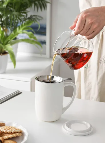 Miniatura 6 de Sweese Taza de té de porcelana de 20 onzas con infusor y tapa, taza de té de hojas sueltas, regalos para amantes del té, blanco y azul acero
