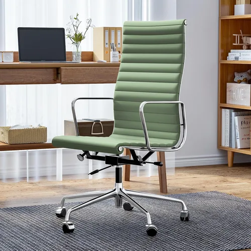 Miniatura 4 de Silla de oficina acanalada con cuero de grano superior, silla de escritorio ergonómica de respaldo alto con reposabrazos de aluminio y base de 5