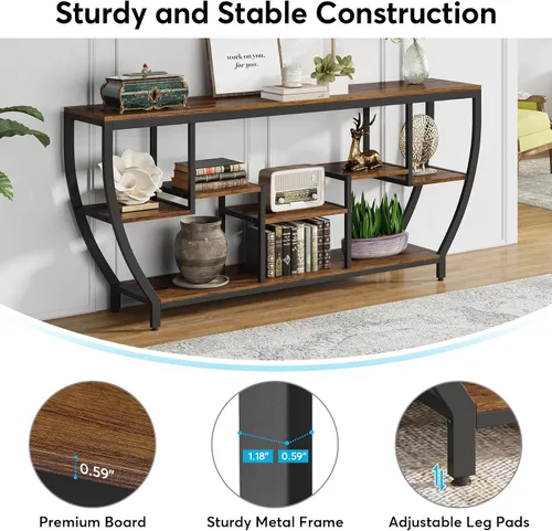 Miniatura 6 de Tribesigns - Mesa de sofá larga de 70.9 pulgadas con estantes, mesa consola rústica con almacenamiento, mesa de entrada industrial, soporte para TV