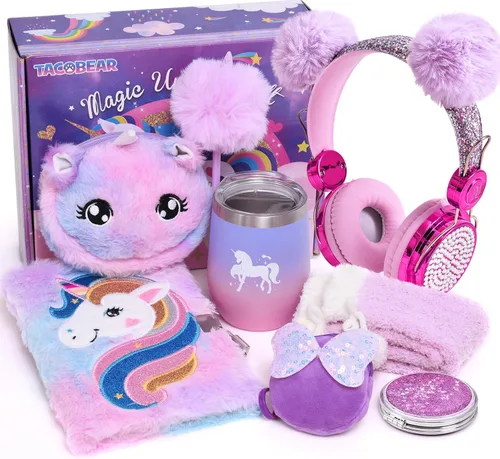 Tacobear Regalos de unicornio para niñas de 5, 6, 7, 8 a 12 años, con auriculares con cable de 0.138 in, botella de agua, bolsa de felpa, bolsa,