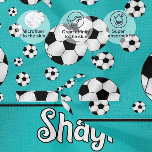 Miniatura 4 de Toalla de playa personalizada con diseño de pelotas de fútbol divertidas con nombre, toallas de piscina de viaje de microfibra personalizadas de 2