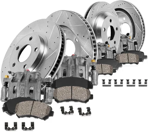 Callahan Brake Parts CCK12856 Pinzas de freno delanteras + traseras + rotores + pastillas de freno de cerámica para Subaru forester Impreza WRX