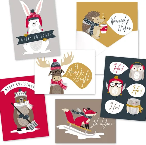 Miniatura 8 de Canopy Street Tarjetas navideñas de animales del bosque, 36 tarjetas con sobres blancos, 6 diseños de animales del bosque de invierno, versos
