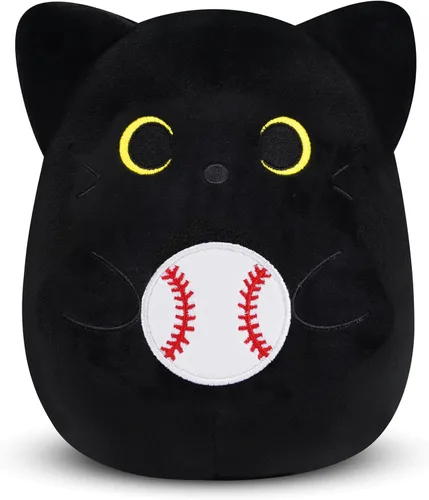 Peluche de gato negro de 8 pulgadas, lindo animal de peluche con béisbol, animal de peluche suave de béisbol para niños y niñas, regalos de béisbol