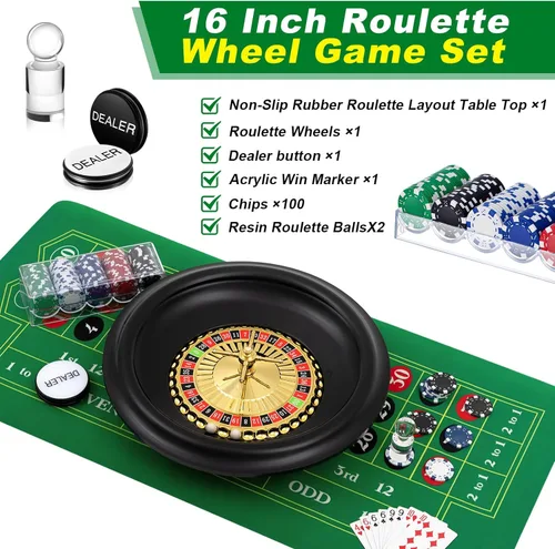 Miniatura 2 de Set de juego de ruleta Lunmon incluye rueda de ruleta negra de 16'' (40 cm), tapete de goma para mesa de 35'' x 16'' (89 cm x 41 cm), 100 fichas