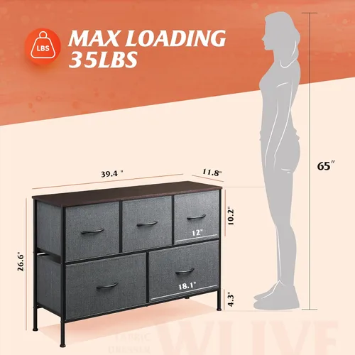 Miniatura 3 de WLIVE - Cómoda para dormitorio con 5 cajones, torre organizadora de almacenamiento larga, cómoda de tela, unidad de cajones de almacenamiento