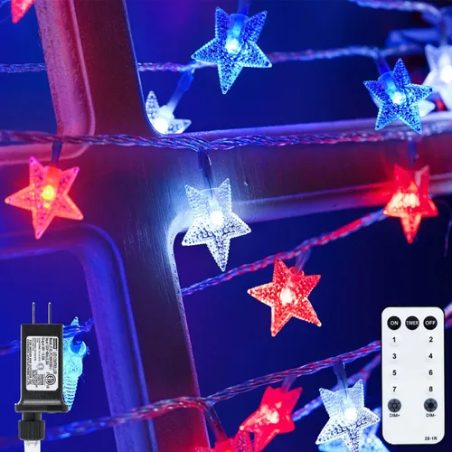 Miniatura 10 de Luces solares rojas, blancas y azules, 4 de julio, tira de luces de estrella decorativa con 100 luces LED solares de jardín, 51 pies, impermeables