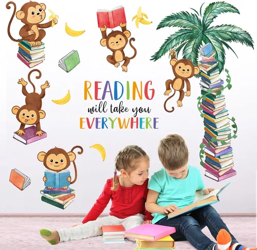 Miniatura 4 de Mfault Calcomanías de pared de libro de lectura de mono, la lectura te llevará a todas partes, decoración de aula de guardería, arte de dormitorio