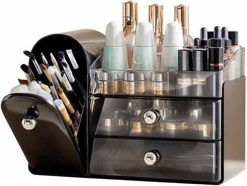 Miniatura 7 de Bird&Fish Organizador de maquillaje con soporte deslizante para cepillos, organizador transparente para el cuidado de la piel con cajones, Negro