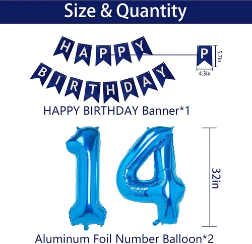 Miniatura 4 de Decoraciones de fiesta de cumpleaños azul número 14 para niños y niñas, suministros de globos de feliz cumpleaños 14 con pancarta de feliz Azul-a-14