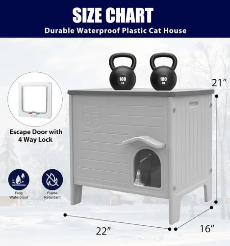 Miniatura 6 de Casa de Plástico para Gatos para Exteriores e Interiores, Casas para Gatos Ferales con Puerta de Escape, Casa Impermeable para Gatos para Exteriores