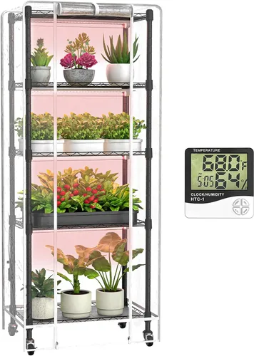 Invernadero de interior con luces de cultivo, 5 niveles 23.2" L×13.4" W×61.4" H Mini invernadero, estante de luz de cultivo con carpa y termómetro,