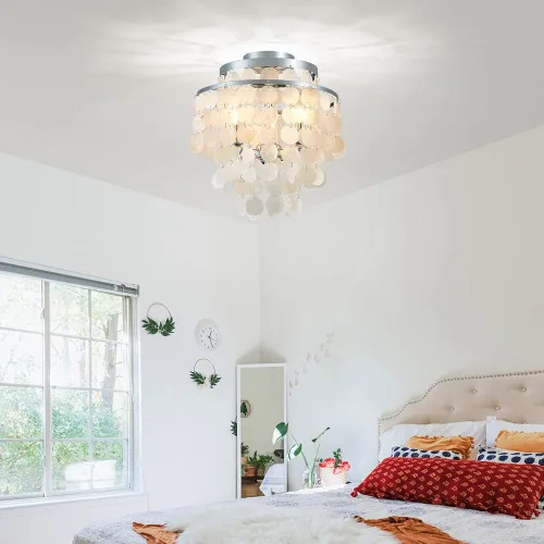 Miniatura 7 de AGV LIGHTING CL008S Capiz Seashell Lámpara de Techo, Montaje al Ras, D13 x H15, 3 Luces, Marco con Acabado Cromado; Perfecto para Sala de Estar