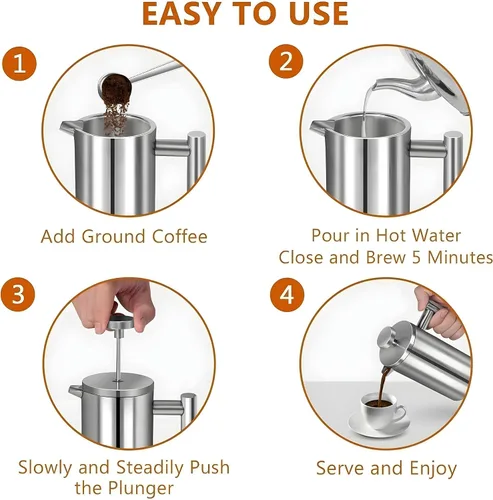 Miniatura 6 de Cafetera de prensa francesa de 34 onzas, aislamiento de doble pared de acero inoxidable, 3 filtros adicionales y cuchara de café para café Plateado