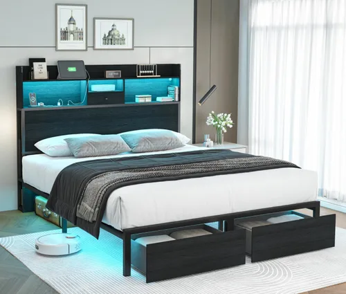 Miniatura 3 de Marco de Cama Tamaño Completo con Cabecero Alto y Luces LED, Librero de 51.2" Marco de Cama Negro Tamaño Completo con Cajones de Almacenamiento