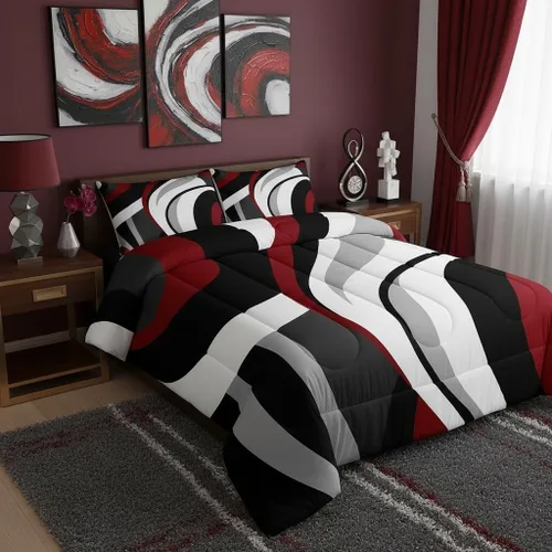 Miniatura 2 de Juego de edredón de rayas rojas y negras, juego de ropa de cama tamaño King con ondas circulares abstractas, geométrico, espiral, acolchado, 3 Multi