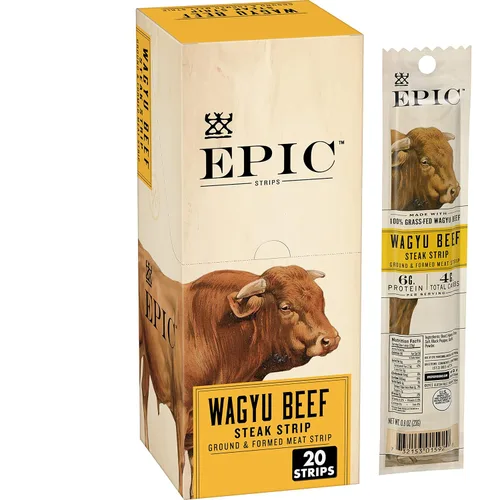 EPIC Wagyu - Tiras de carne de res, alimentados con pasto y bocadillos aptos para paleo, 20 unidades, 16 onzas