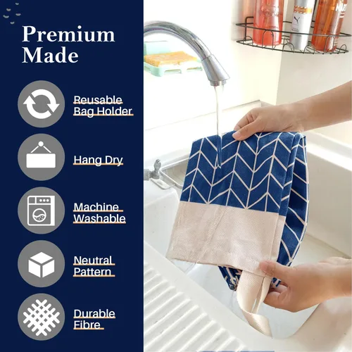 Miniatura 5 de Dispensador de bolsas de comestibles de lona, organizador de almacenamiento de bolsas de basura para compras de montaje en pared (azul clásico)