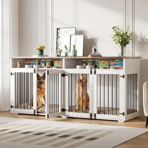 Miniatura 7 de Jaula para perros de 72 pulgadas para 2 perros, jaula de madera para perros con compartimento de almacenamiento, perrera de interior con 4 puertas