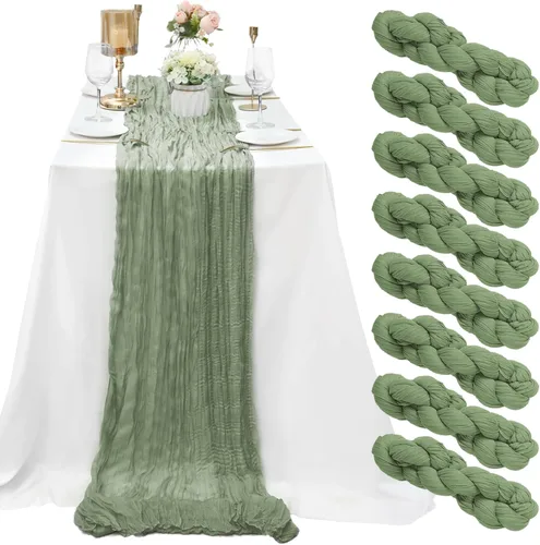 Paquete de 8 caminos de mesa de estopilla verde salvia de 10 pies, camino de mesa de gasa, tela de queso, 35x120 pulgadas, caminos de mesa bohemios