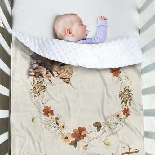 Miniatura 3 de Manta de hito mensual personalizada para bebé, nombre personalizado con fondo de fotografía de diseño de ganado de las tierras altas, manta de felpa