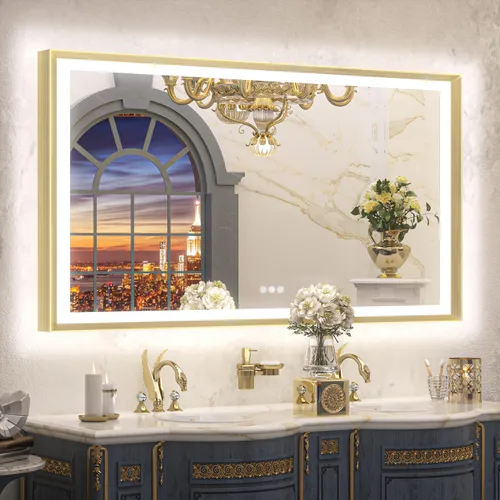 Miniatura 14 de TETOTE Espejo LED dorado para baño, marco de metal de 20 x 28 pulgadas, espejo de tocador iluminado frontal y retroiluminado, barroco, antiniebla