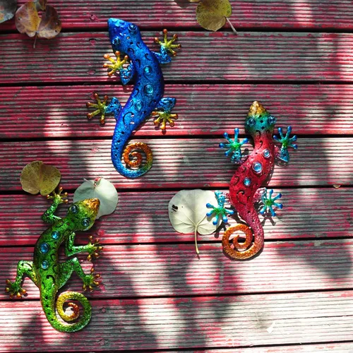 Miniatura 5 de Lagartos de metal para decoración al aire libre, decoración de pared de Gecko de metal, 13.5 x 8.5 pulgadas, paquete de 3 unidades, adecuado