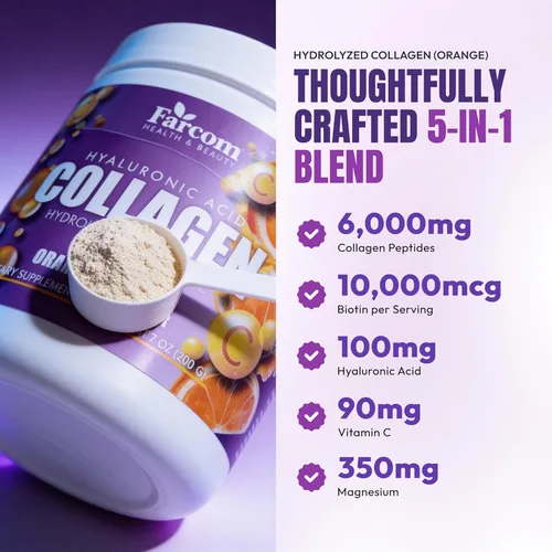 Miniatura 6 de Farcom Polvo de péptidos de colágeno con ácido hialurónico, biotina, vitamina C y magnesio, 6,000 mg de colágeno hidrolizado, mezcla de bebida sabor