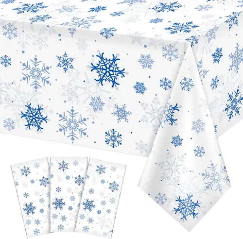 Miniatura 32 de 3 Piezas Decoraciones de Mantel de Fiesta de Plástico con Copos de Nieve de Navidad, Cartel de Fondo Navideño Azul con Copo de Nieve Blanco Cubierta