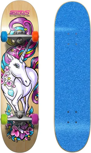 SkateXS Patineta de unicornio para niñas principiantes Cinta de agarre azul/ruedas multicolor