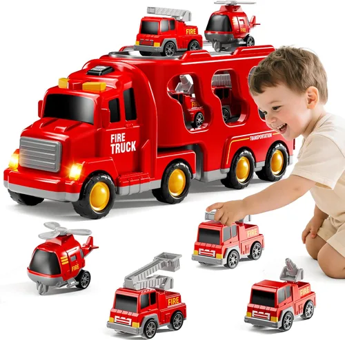 Miniatura 9 de Camiones de Bomberos de Juguete para Niños Pequeños de 1-3, 3-5, Conjunto de Vehículos Transportadores de Carros de Bomberos 5 en 1 para Niñas de 1