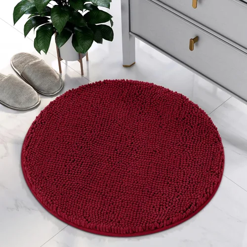 HOMEIDEAS Alfombra de baño redonda, felpilla de lujo, extra suave y absorbente, antideslizante, lavable a máquina (rojo borgoña, 2 pies)