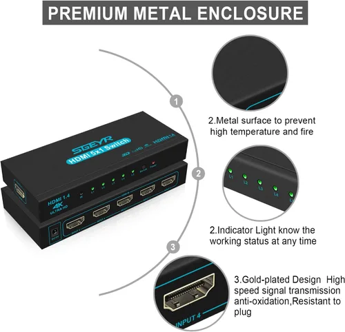 Miniatura 3 de Conmutador HDMI SGEYR 5x1, conmutador HDMI 5 en 1, selector HDMI de 5 puertos, caja con control remoto IR, HDMI 1.4, HDCP 1.4, compatible