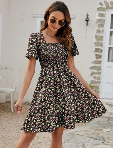 Miniatura 2 de Qirno Vestido corto de gasa para mujer, casual, cuello cuadrado, con vuelo, manga corta, fruncido, escalonado, acampanado, de gasa, S-XL