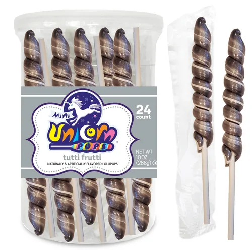 Adams & Brooks Silver Tutti Frutti Mini Unicorn Pops, tarro de 10 onzas (24 unidades) - Piruletas de unicornio Twisty, dulces envueltos