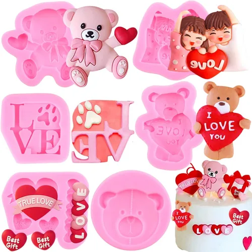 ZiXiang Moldes de fondant para el día de San Valentín, moldes de silicona para pastel de fondant de boda, de oso, corazón, letra de amor, caramelo