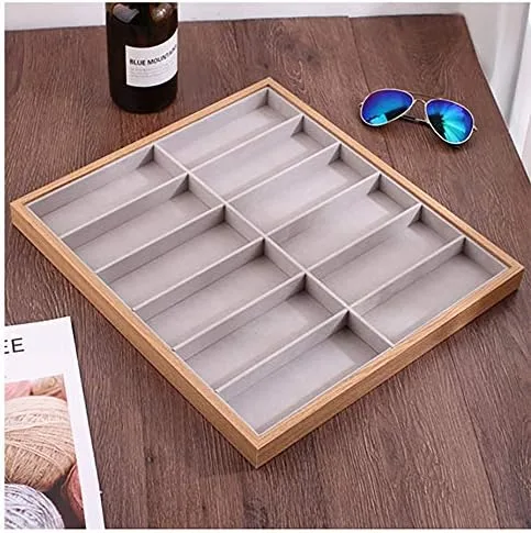Miniatura 4 de Homeanda 12 rejillas marco de madera gris terciopelo gafas caso gafas organizador gafas de sol soporte gafas caso gafas gafas caja gafas gafas gafas