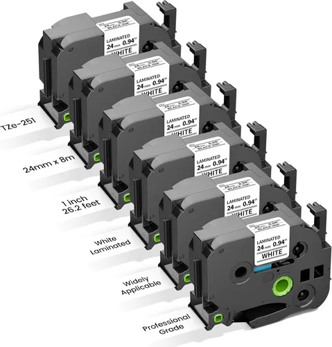 Miniatura 12 de Freshworld Paquete de 6 cintas de repuesto para rotuladora Brother TZe-335 de 0.472 in 0.47 de tinta blanca sobre cinta negra laminada compatible