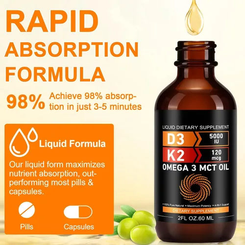 Miniatura 9 de Daiasns Vitamina D3 5000 UI y K2 (MK-7) 120 mcg 2.0 fl oz gotas con aceite MCT Omega 3, suplementos líquidos de vitamina D3 y K2 - Suministro de 2