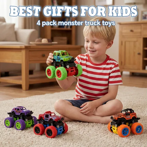 Miniatura 10 de Camión monstruo para niños de 3, 4, 5, 6, 7 años, paquete de 4 juguetes de automóvil impulsados por fricción Push and Go, juego de vehículos