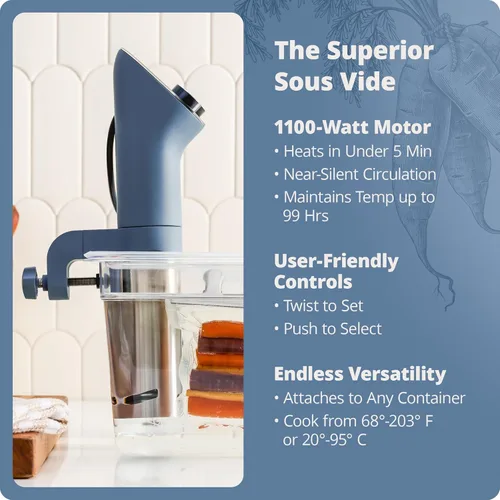 Miniatura 6 de Greater Goods - Máquina de Sous Vide de Cocina, Cocina de Precisión, Circulador de Inmersión, Motor Sin Escobillas, 1100 Watts (Azul Piedra)