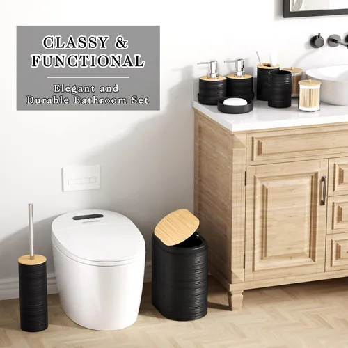 Miniatura 2 de XLHOMO Juego de 10 accesorios de baño color negro, juego de accesorios de baño de lujo con basura, cepillo de inodoro y 2 dispensadores de jabón