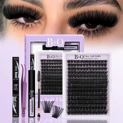 Miniatura 14 de Kit de racimos de pestañas esponjosas B&Q 280 piezas, extensiones de pestañas en racimos ultrasuaves, racimos de pestañas de volumen 70+90D 10-18mm