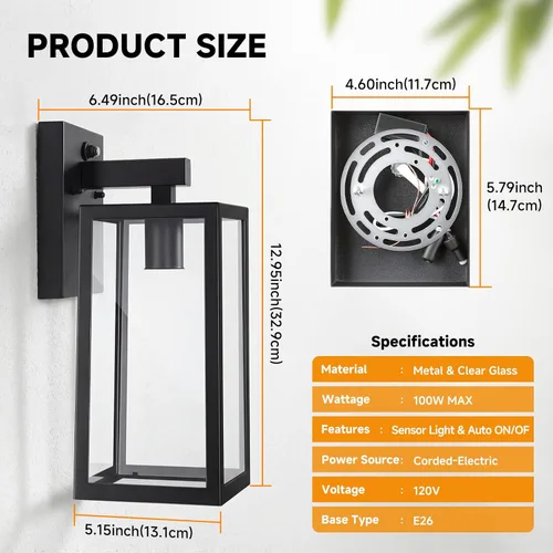 Miniatura 3 de SHINE HAI - Farol de pared exterior con sensor de atardecer a amanecer, lámpara de porche exterior con casquillo E26 y pantalla de vidrio
